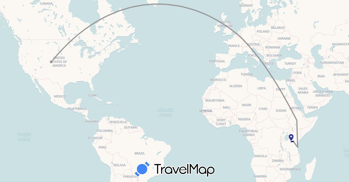 TravelMap itinerary: driving, plane in Belgium, Ethiopia, Luxembourg, Tanzania, United States (Africa, Europe, North America)